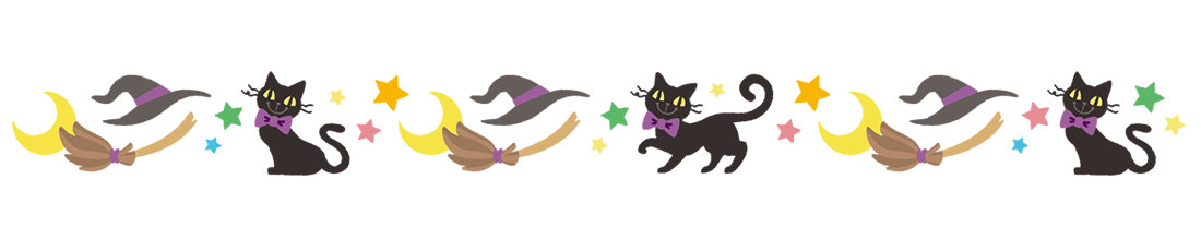 ハロウィン枠・フレーム無料素材 黒猫と魔女と星（上用）