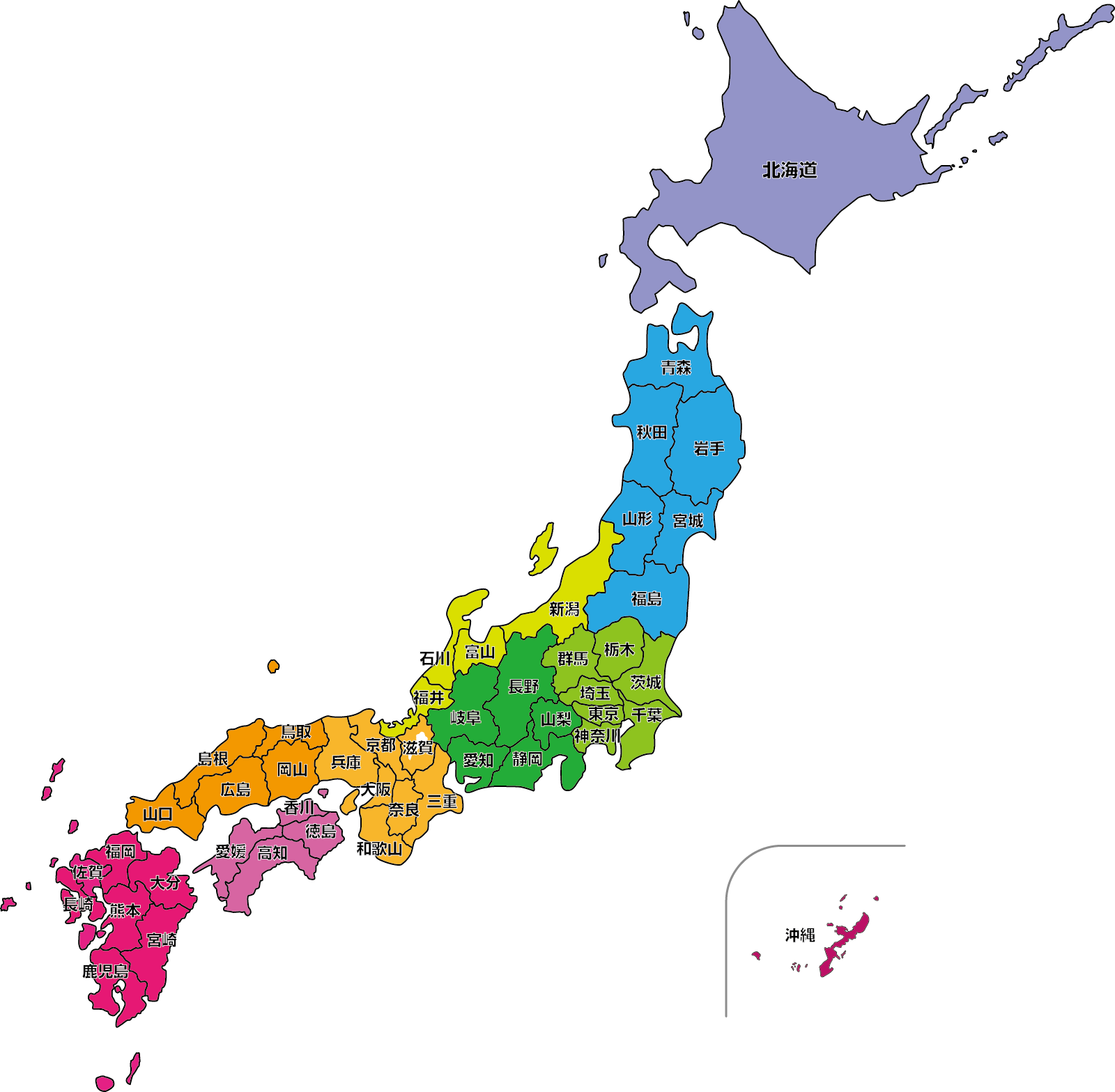 日本地図のイラスト（都道府県名入り）