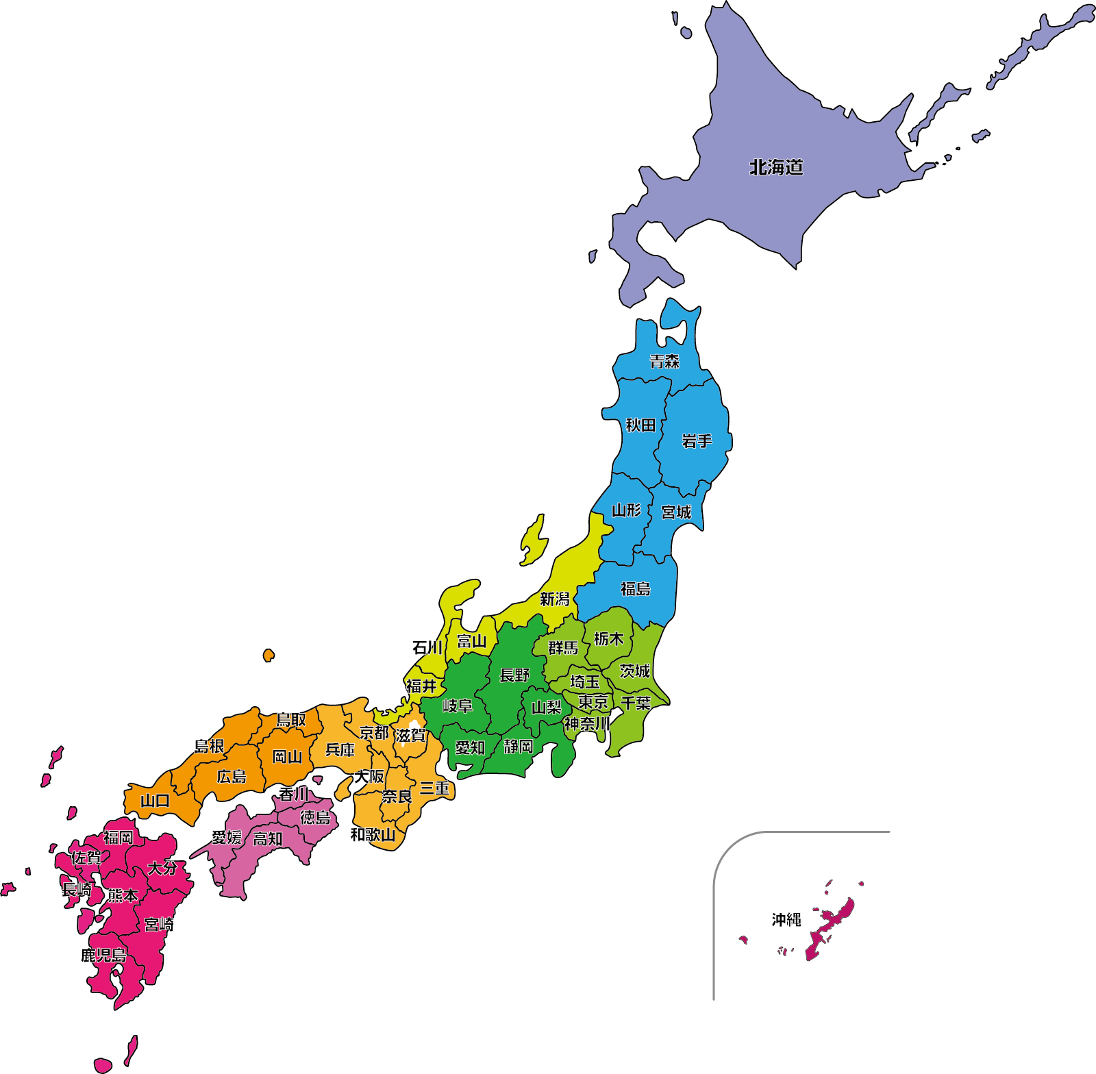 日本地図のイラスト 色分け 都道府県名記載 園だより おたよりで使えるかわいいイラストの無料素材集 イラストだより