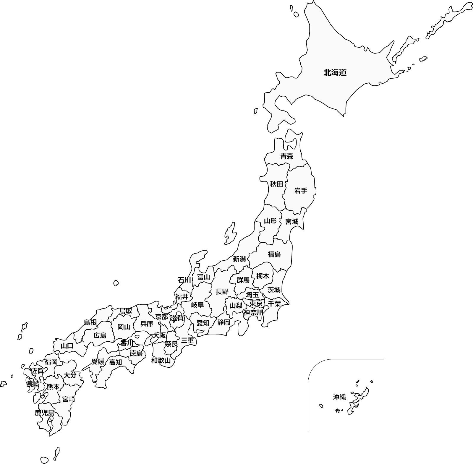 日本地図のイラスト（都道府県名記載）