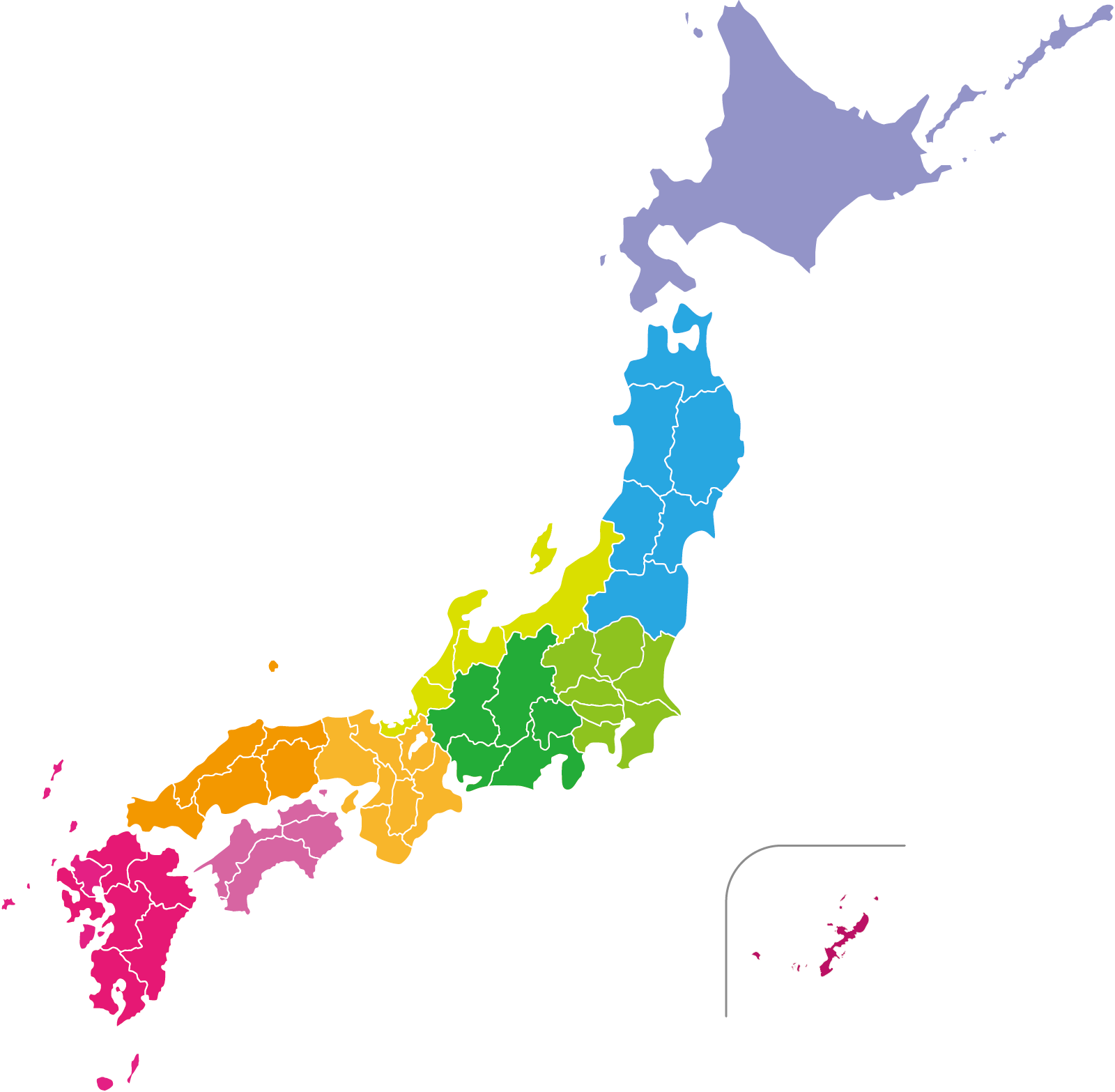 日本地図のイラスト（地方区分色分け）