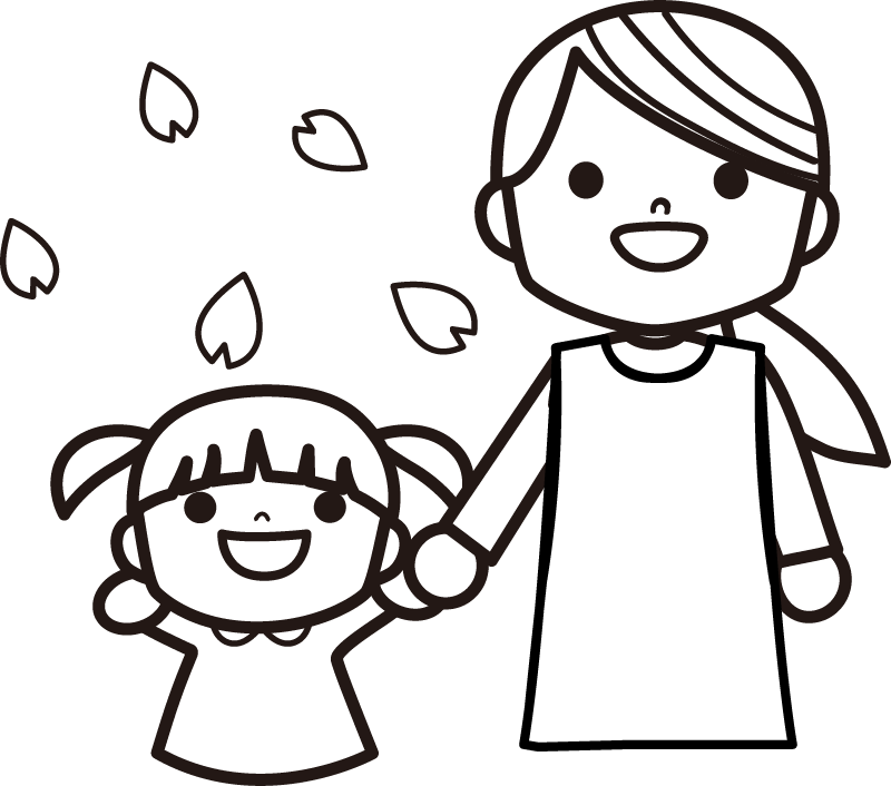 白黒 桜を見上げる保育士さんと子供のイラスト